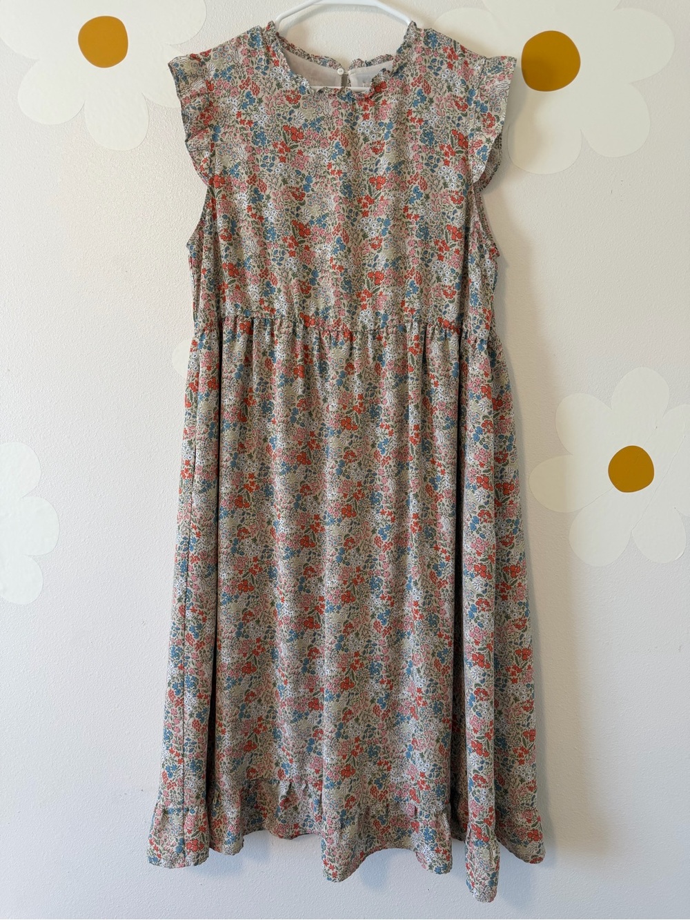 Roolee Beige Multicolor Floral Ruffle Sleeve Flowy Midi Dress